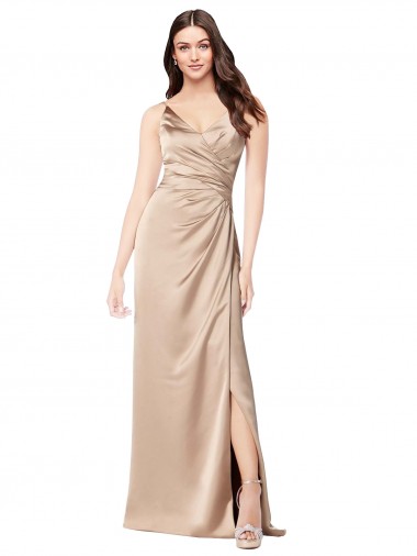 Acquista Champagne Rosa Linea A Sottili Scollatura a V Raso Setoso Lunga Formali Abiti da damigella donore / Abiti da sera / Abiti da ballo