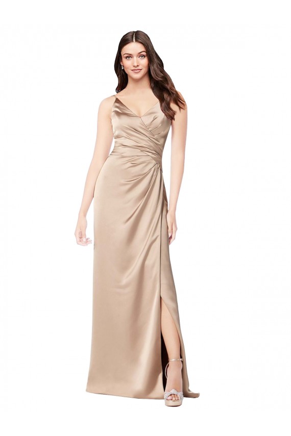Acquista Champagne Rosa Linea A Sottili Scollatura a V Raso Setoso Lunga Formali Abiti da damigella donore / Abiti da sera / Abiti da ballo