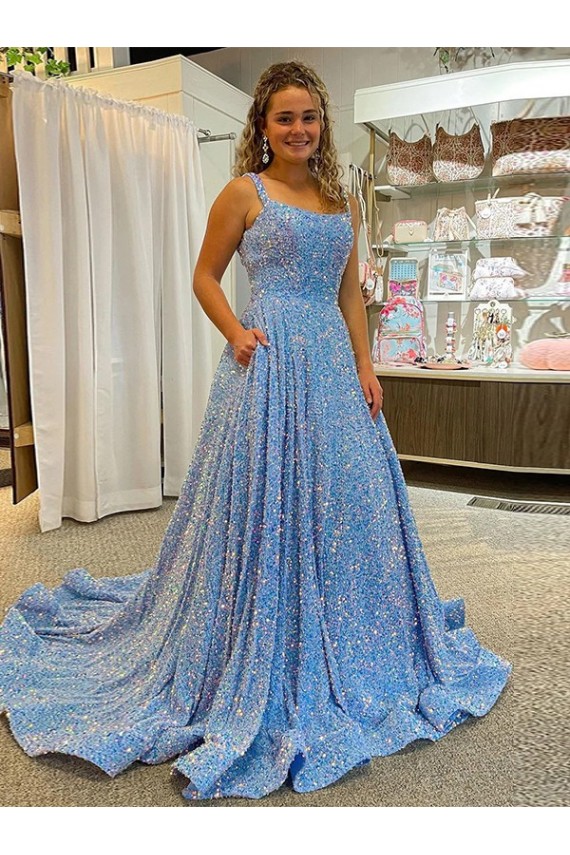 Acquista Colore Mostrato Linea A Scoop Paillettes Velluto Lunga Abiti da ballo