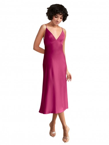 Acquista Fucsia Linea A Scollatura a V Midi Raso Elastico Corto Abiti da damigella donore / Abiti da sera / Abiti da cocktail