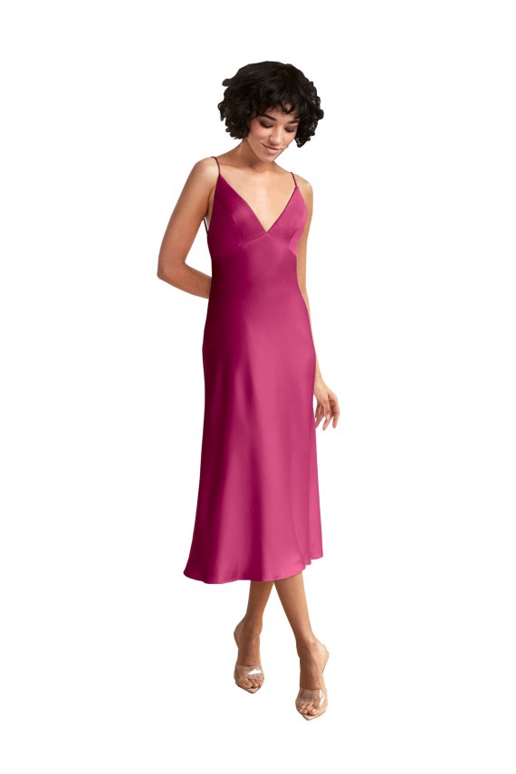 Acquista Fucsia Linea A Scollatura a V Midi Raso Elastico Corto Abiti da damigella donore / Abiti da sera / Abiti da cocktail