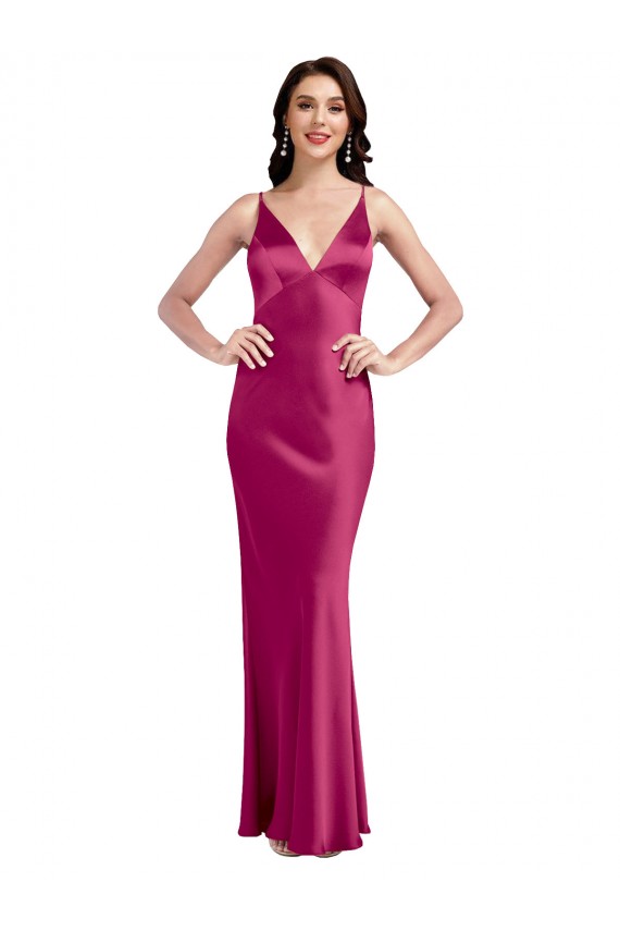 Acquista Fucsia Linea A Sottili Scollatura a V Raso Elastico Lunga Formali Abiti da damigella donore / Abiti da sera / Abiti da ballo
