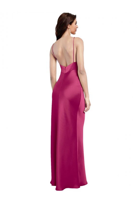 Acquista Fucsia Linea A Sottili Scollatura a V Raso Elastico Lunga Formali Abiti da damigella donore / Abiti da sera / Abiti da ballo