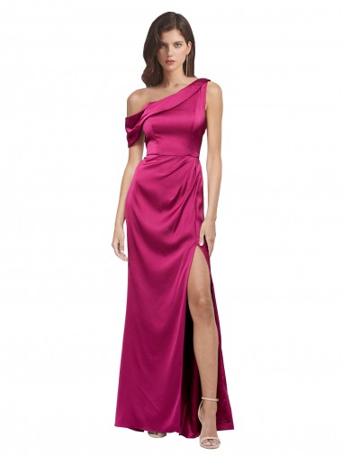Acquista Fucsia Linea A Una spalla Raso Elastico Lunga Formali Abiti da damigella donore / Abiti da sera / Abiti da ballo