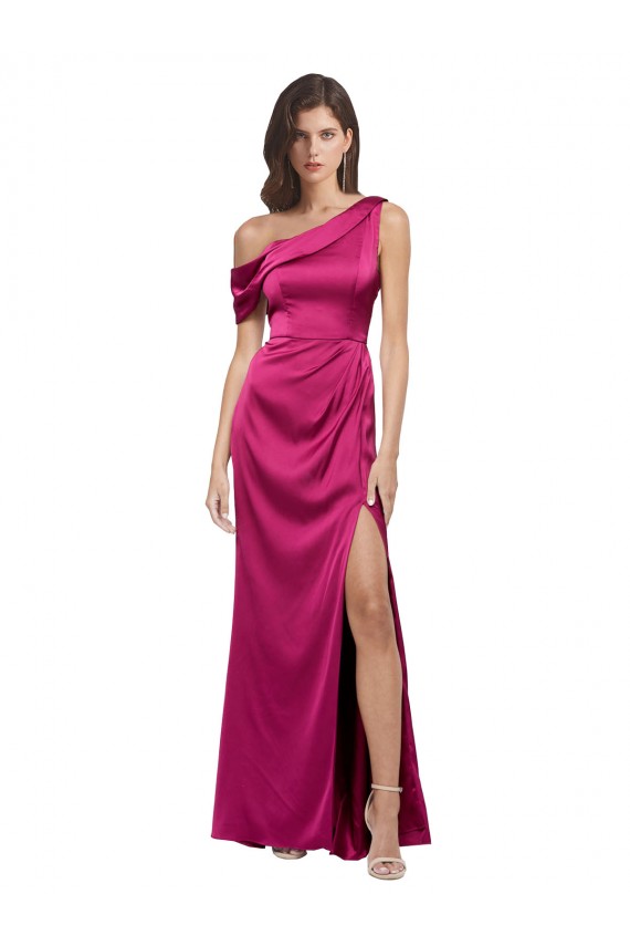 Acquista Fucsia Linea A Una spalla Raso Elastico Lunga Formali Abiti da damigella donore / Abiti da sera / Abiti da ballo