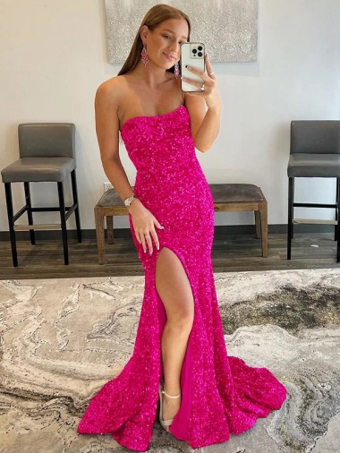 Acquista Fucsia Tubino Senza spalline Sweep treno Paillettes Velluto Lunga Abiti da ballo