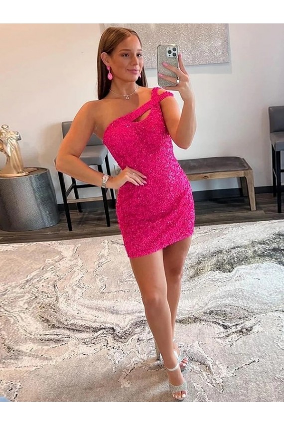 Acquista Fucsia Tubino Una spalla Corto Paillettes Velluto Corto Abiti da ballo