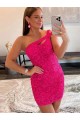 Acquista Fucsia Tubino Una spalla Corto Paillettes Velluto Corto Abiti da ballo