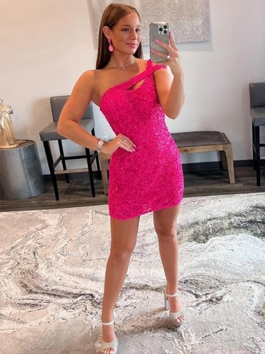 Acquista Fucsia Tubino Una spalla Corto Paillettes Velluto Corto Abiti da ballo