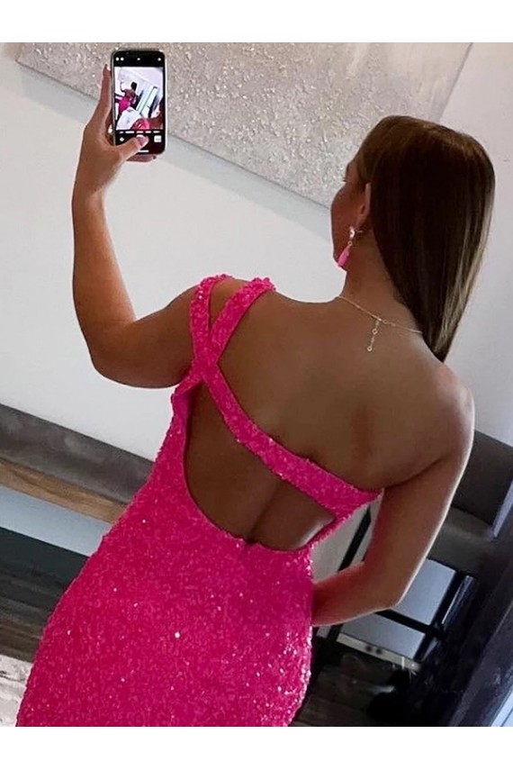 Acquista Fucsia Tubino Una spalla Corto Paillettes Velluto Corto Abiti da ballo