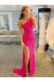 Acquista Fucsia Tubino Una spalla Sweep treno Paillettes Velluto Corto Abiti da ballo