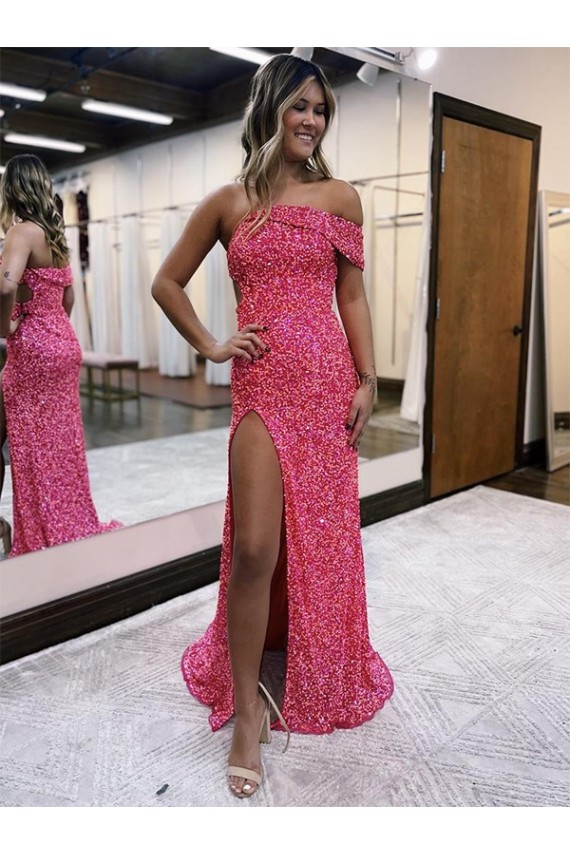 Acquista Fucsia Tubino Una spalla Sweep treno Paillettes Velluto Lunga Abiti da ballo