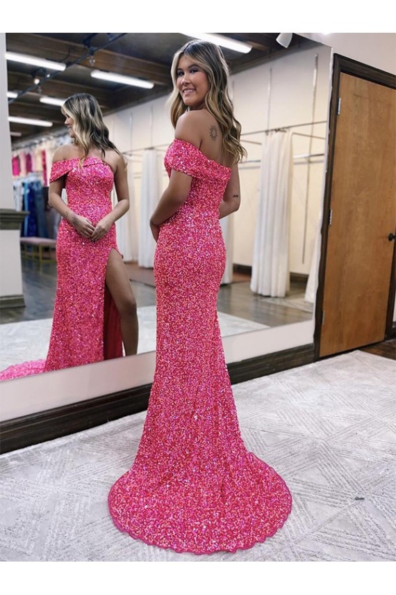 Acquista Fucsia Tubino Una spalla Sweep treno Paillettes Velluto Lunga Abiti da ballo