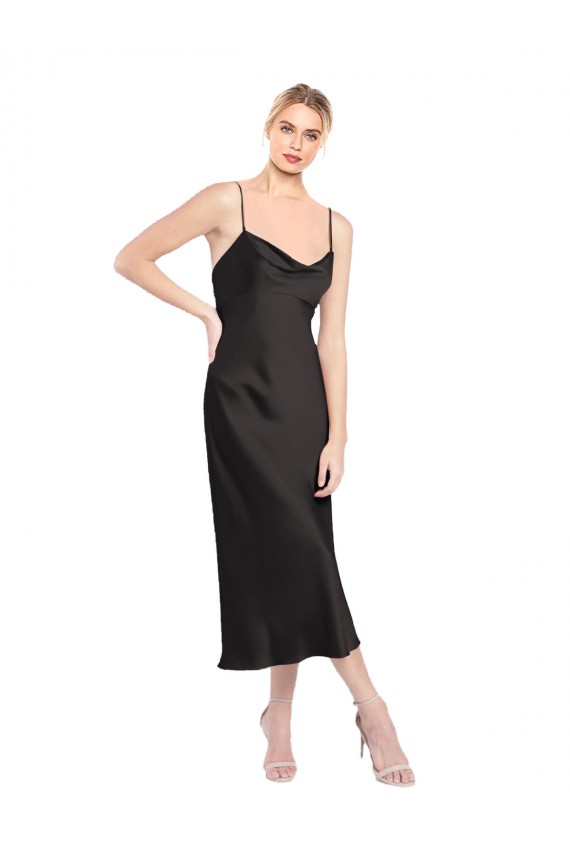 Acquista Nero Linea A Sottili Cappuccio Midi Raso Elastico Corto Abiti da damigella donore / Abiti da sera / Abiti da cocktail