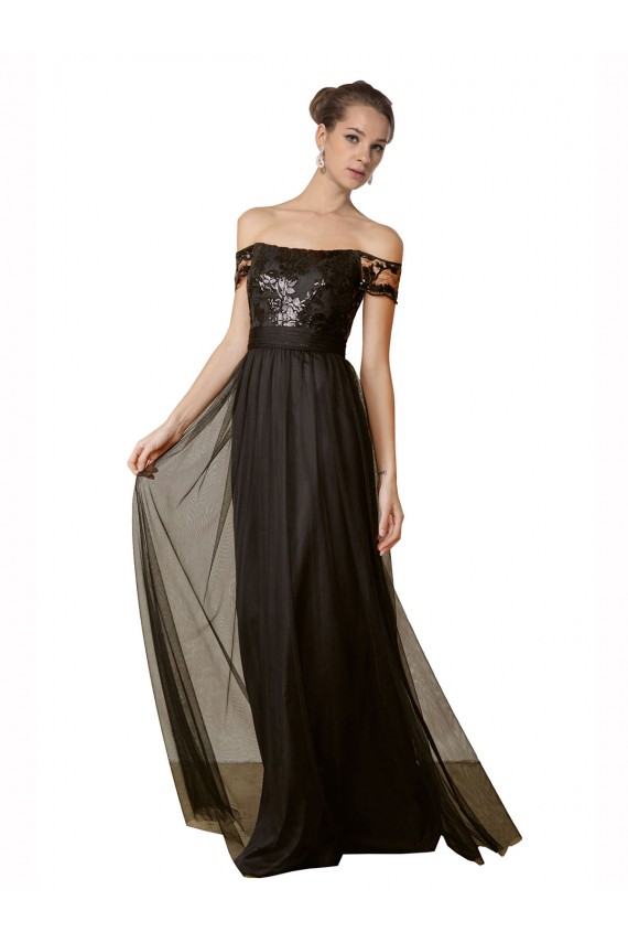 Acquista Nero Linea A Tulle Paillettes Lunga Abiti da damigella donore