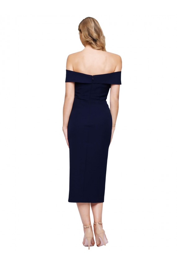 Acquista Blu marino scuro Stile sirena Midi Crespo Elastico Corto Abiti da damigella donore / Abiti da sera / Abiti da cocktail