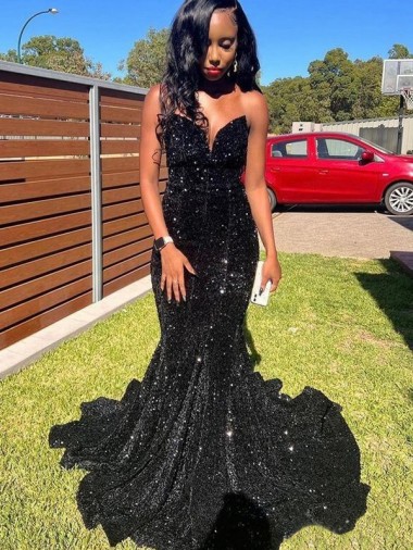 Acquista Nero Stile sirena Innamorato Paillettes Velluto Lunga Abiti da ballo