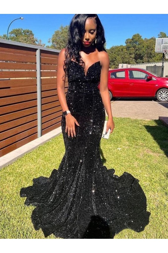 Acquista Nero Stile sirena Innamorato Paillettes Velluto Lunga Abiti da ballo