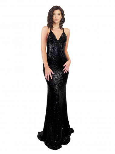 Acquista Nero Stile sirena Scollatura a V Paillettes Lunga Formali Abiti da damigella donore / Abiti da sera / Abiti da ballo
