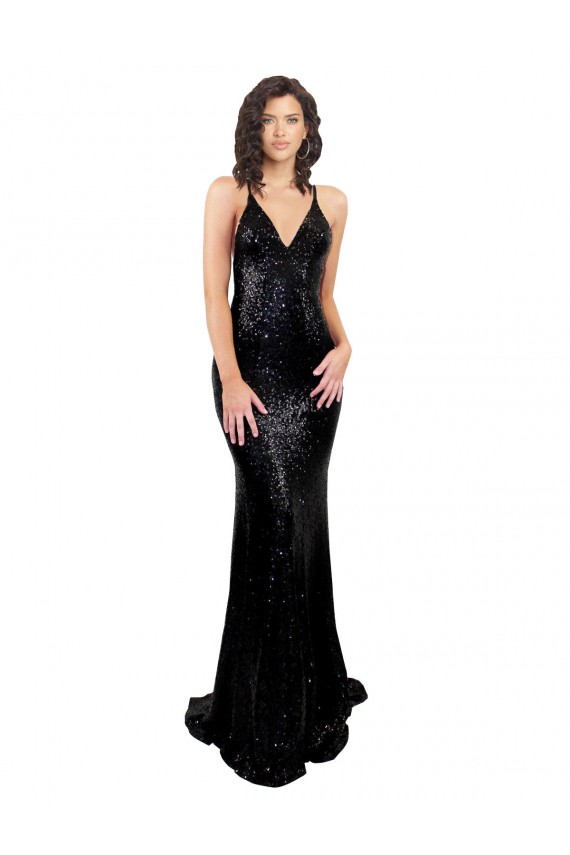 Acquista Nero Stile sirena Scollatura a V Paillettes Lunga Formali Abiti da damigella donore / Abiti da sera / Abiti da ballo