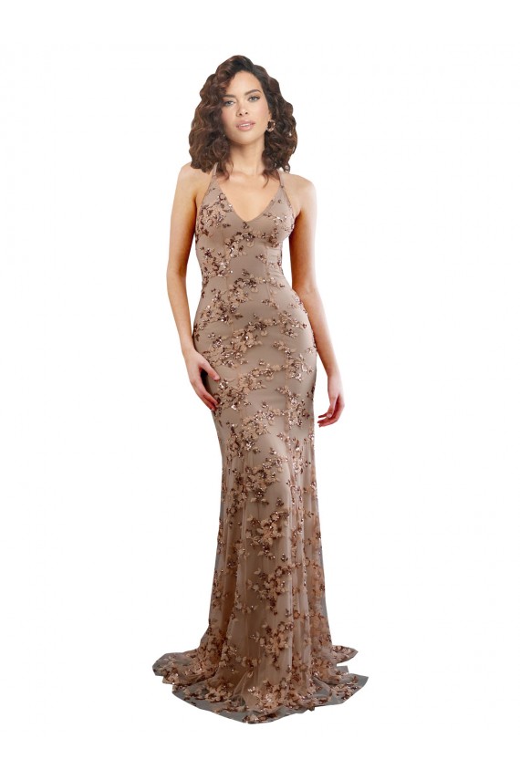 Acquista Oro rosa Stile sirena Alto Collo Crespo Elastico Paillettes Tulle Lunga Formali Abiti da damigella donore / Abiti da sera / Abiti da ballo