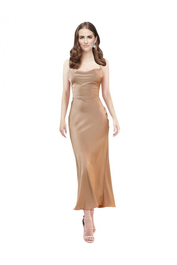 Acquista Oro rosa Tubino Cappuccio Midi Raso Setoso Corto Abiti da damigella donore / Abiti da sera / Abiti da cocktail