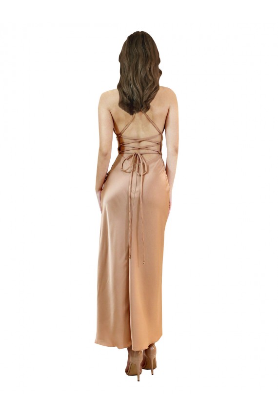 Acquista Oro rosa Tubino Cappuccio Midi Raso Setoso Corto Abiti da damigella donore / Abiti da sera / Abiti da cocktail