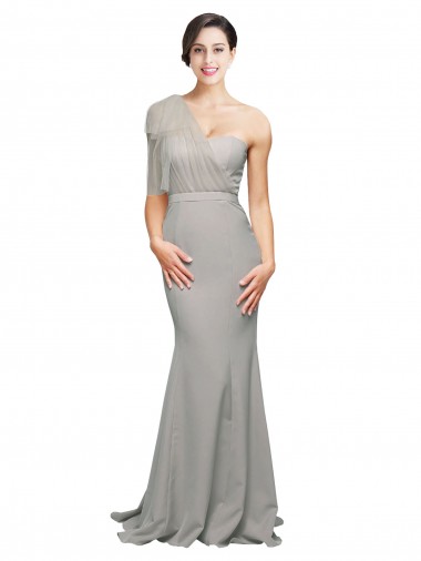 Acquista Ostrica dargento Stile sirena Una spalla Innamorato Sweep treno Crespo Elastico Tulle Lunga Formali Abiti da damigella donore / Abiti da sera / Abiti da ballo