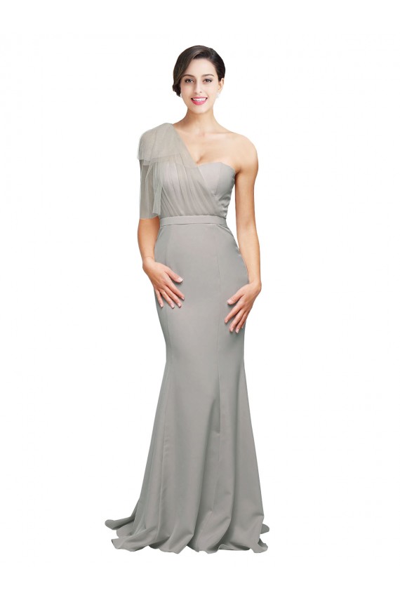 Acquista Ostrica dargento Stile sirena Una spalla Innamorato Sweep treno Crespo Elastico Tulle Lunga Formali Abiti da damigella donore / Abiti da sera / Abiti da ballo