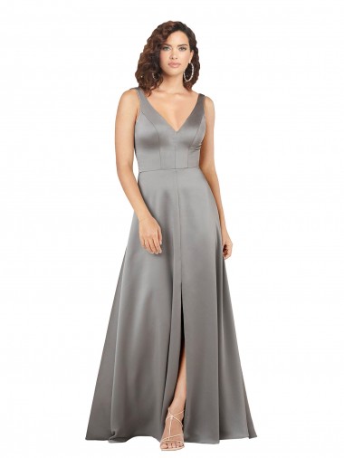 Acquista Pearl Grey Linea A Scollatura a V Raso Setoso Lunga Formali Abiti da damigella donore / Abiti da sera / Abiti da ballo
