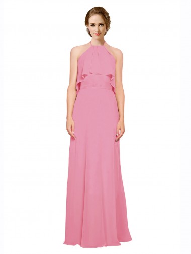 Acquista Pelle rosa Linea A Capestro Alto Collo Chiffona Lunga Abiti da damigella donore