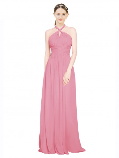 Acquista Pelle rosa Linea A Capestro Scollatura a V Chiffona Lunga Abiti da damigella donore