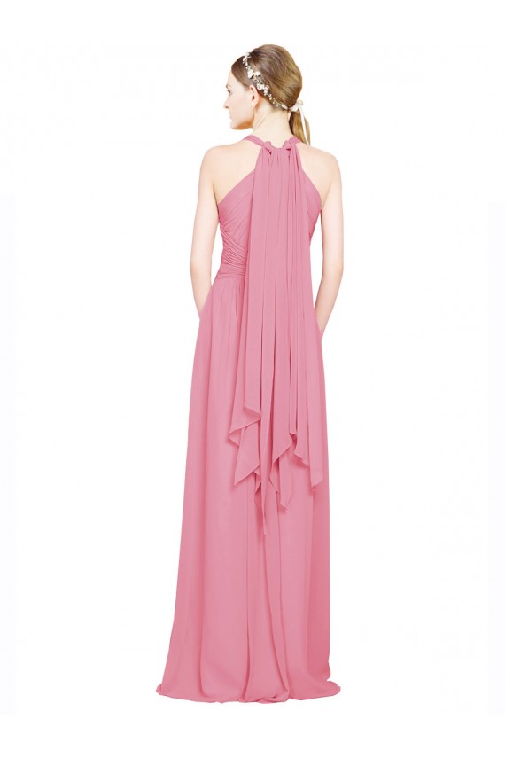 Acquista Pelle rosa Linea A Capestro Scollatura a V Chiffona Lunga Abiti da damigella donore