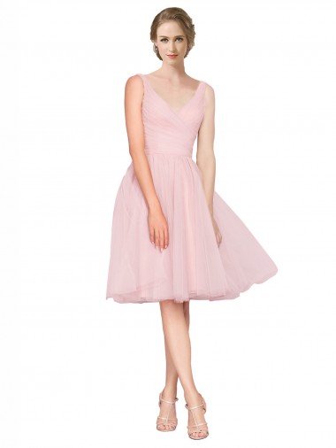 Acquista Rosa Linea A Scollatura a V Al ginocchio Tulle Corto Abiti da damigella donore / Abiti da cocktail