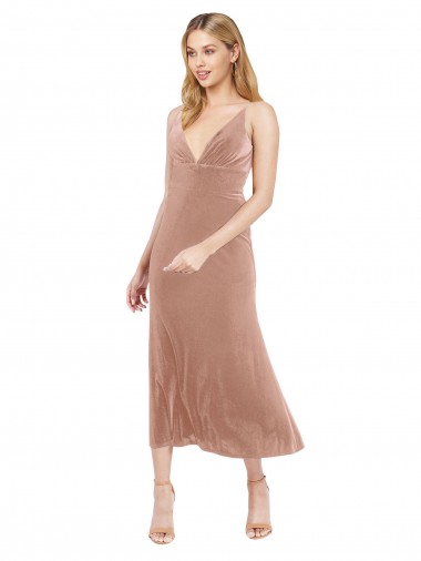 Acquista Rosa Linea A Scollatura a V Midi Velluto Elastico Corto Abiti da damigella donore / Abiti da ballo / Abiti da cocktail