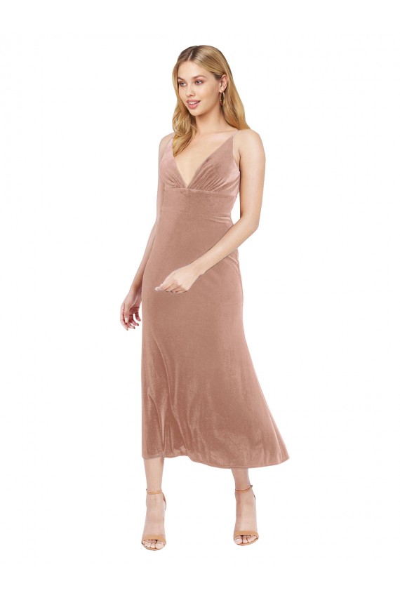 Acquista Rosa Linea A Scollatura a V Midi Velluto Elastico Corto Abiti da damigella donore / Abiti da ballo / Abiti da cocktail