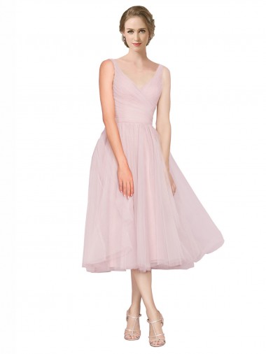 Acquista Rosa Linea A Scollatura a V Tulle Corto Abiti da damigella donore / Abiti da cocktail