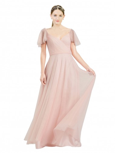 Acquista Rosa Linea A Scollatura a V Tulle Lunga Abiti da damigella donore