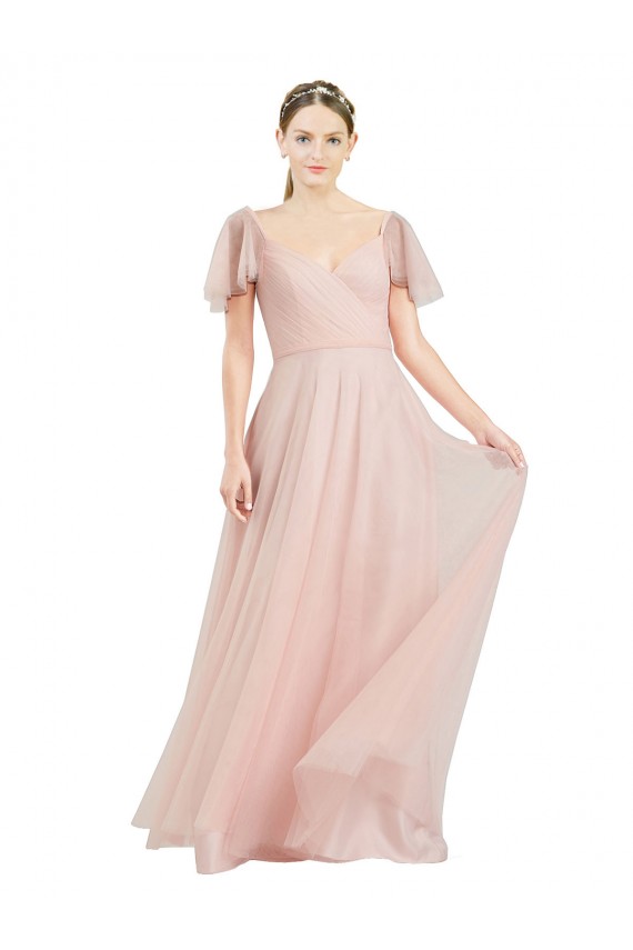 Acquista Rosa Linea A Scollatura a V Tulle Lunga Abiti da damigella donore