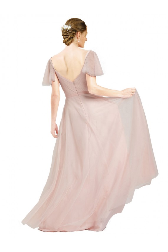 Acquista Rosa Linea A Scollatura a V Tulle Lunga Abiti da damigella donore