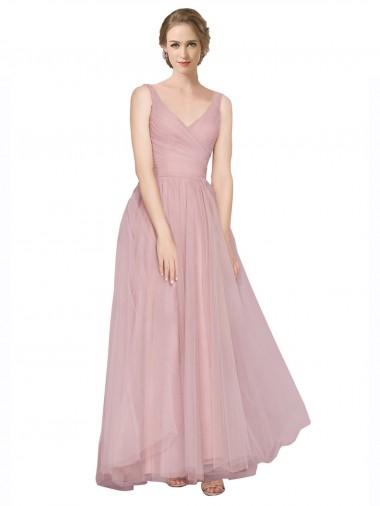 Acquista Rosa Linea A Scollatura a V Tulle Lunga Abiti da damigella donore