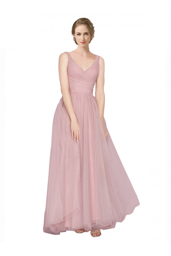 Acquista Rosa Linea A Scollatura a V Tulle Lunga Abiti da damigella donore