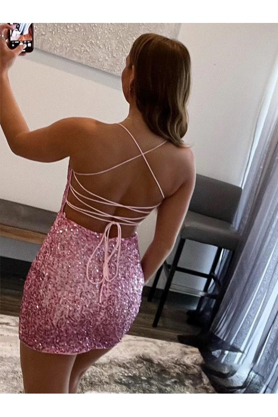 Acquista Rosa caldo Tubino Sottili Corto Paillettes Velluto Corto Abiti da ballo