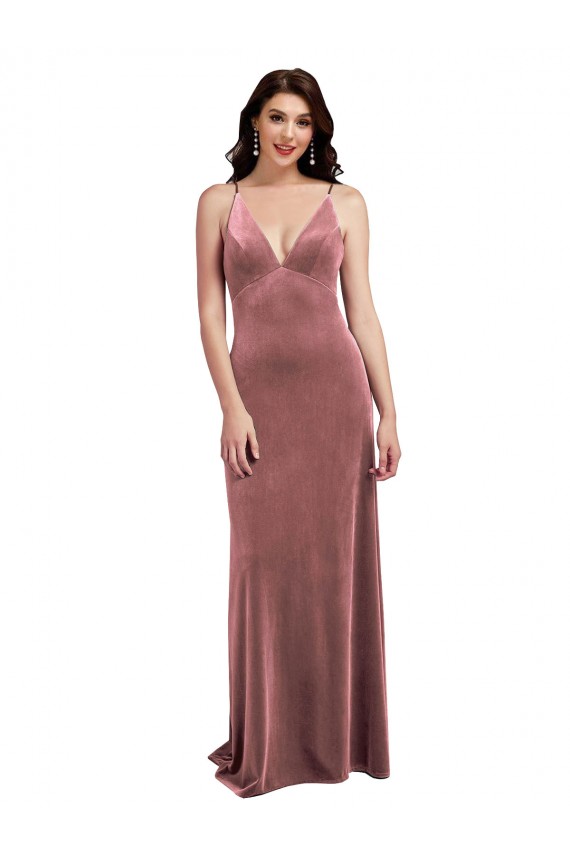 Acquista Rosa cannella Linea A Scollatura a V Velluto Elastico Lunga Formali Abiti da damigella donore / Abiti da sera / Abiti da ballo