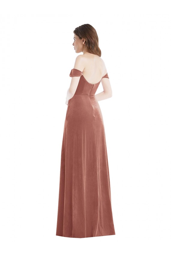 Acquista Rosa cannella Linea A Velluto Elastico Lunga Abiti da damigella donore / Abiti da ballo