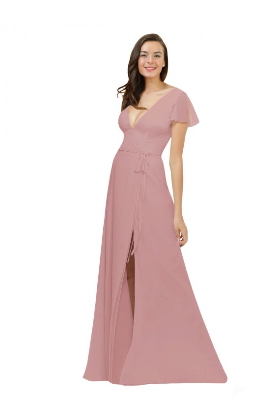 Acquista Rosa polveroso Linea A Scollatura a V Chiffona Lunga Abiti da damigella donore