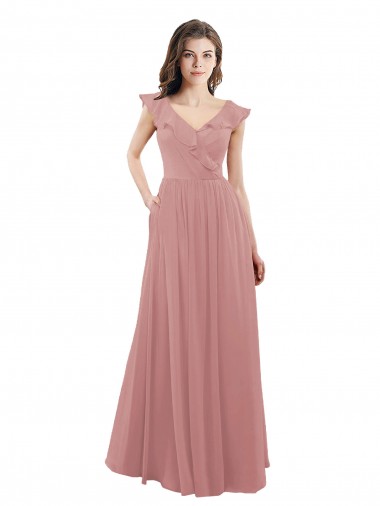 Acquista Rosa polveroso Linea A Scollatura a V Chiffona Lunga Abiti da damigella donore