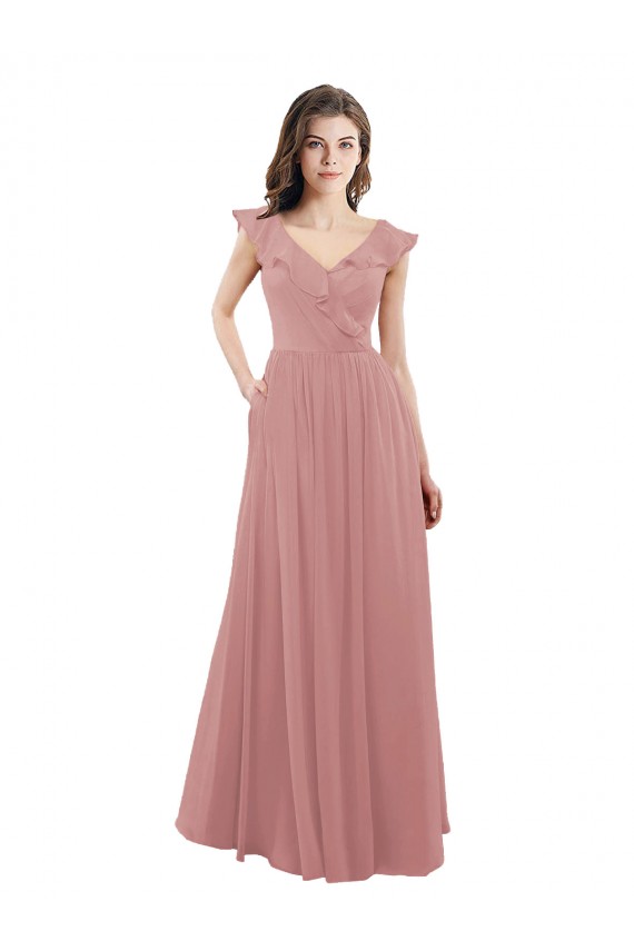 Acquista Rosa polveroso Linea A Scollatura a V Chiffona Lunga Abiti da damigella donore