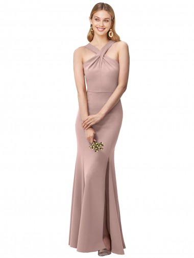 Acquista Rosa polveroso Tubino Capestro Alto Collo Crespo Elastico Lunga Abiti da damigella donore / Abiti da ballo