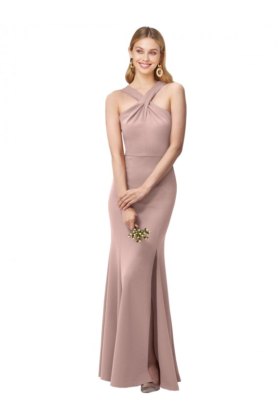 Acquista Rosa polveroso Tubino Capestro Alto Collo Crespo Elastico Lunga Abiti da damigella donore / Abiti da ballo